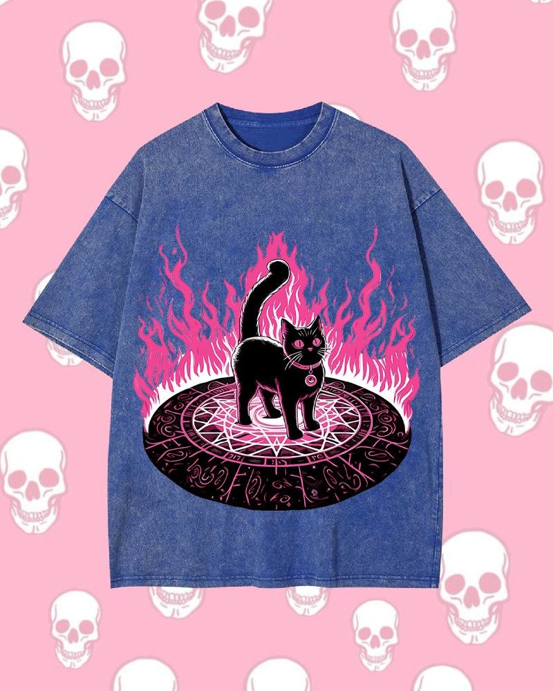 LACK CAT IN MAGICAL FLAMES WASHED TSHIRT