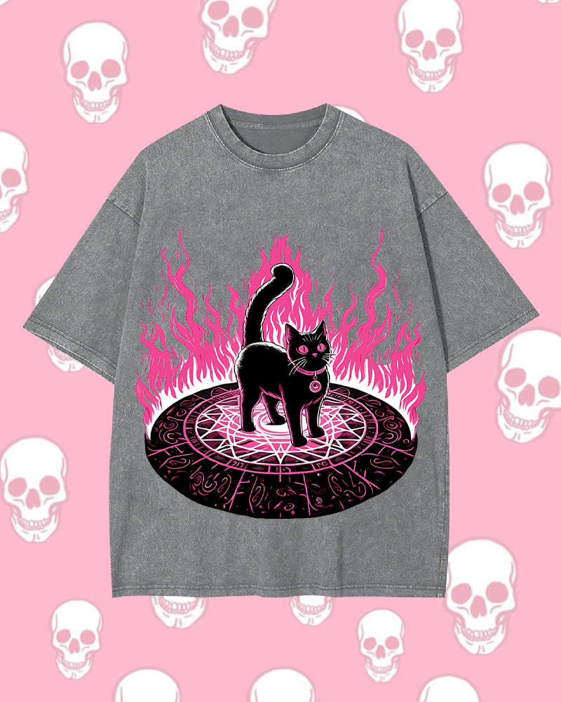 LACK CAT IN MAGICAL FLAMES WASHED TSHIRT