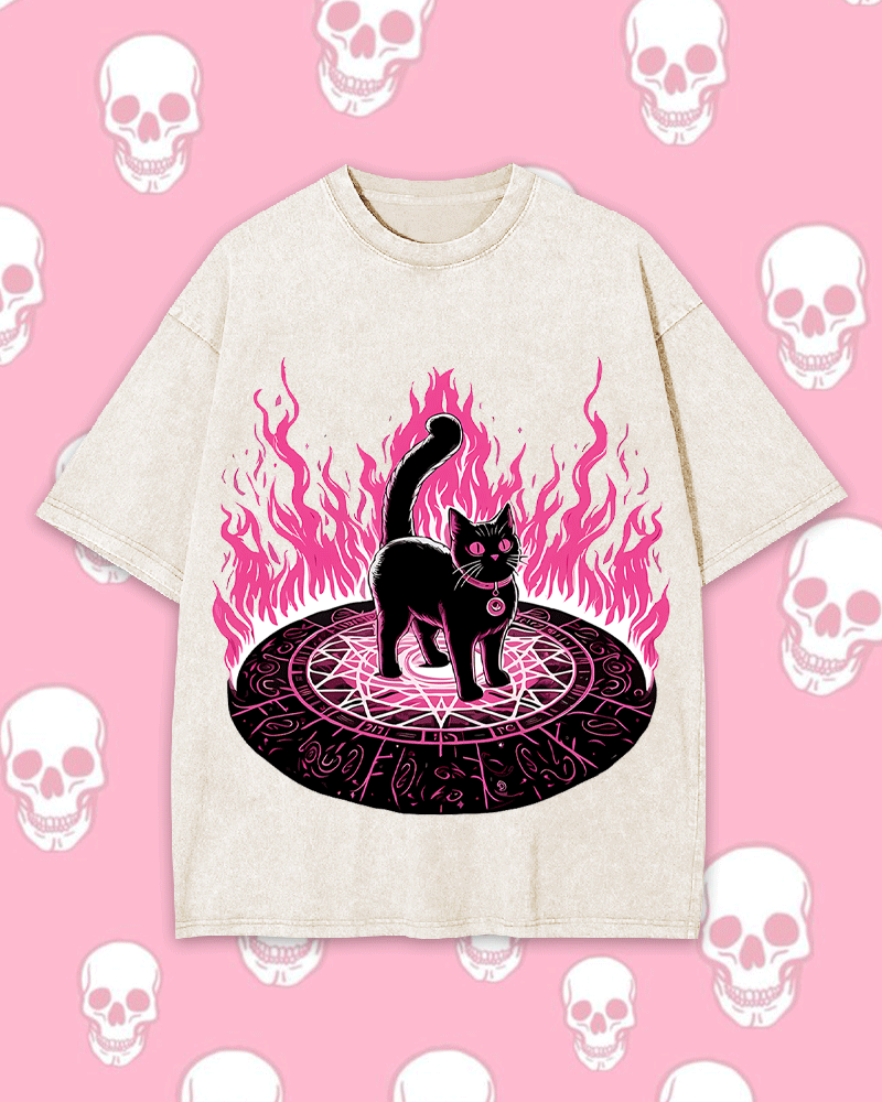 LACK CAT IN MAGICAL FLAMES WASHED TSHIRT