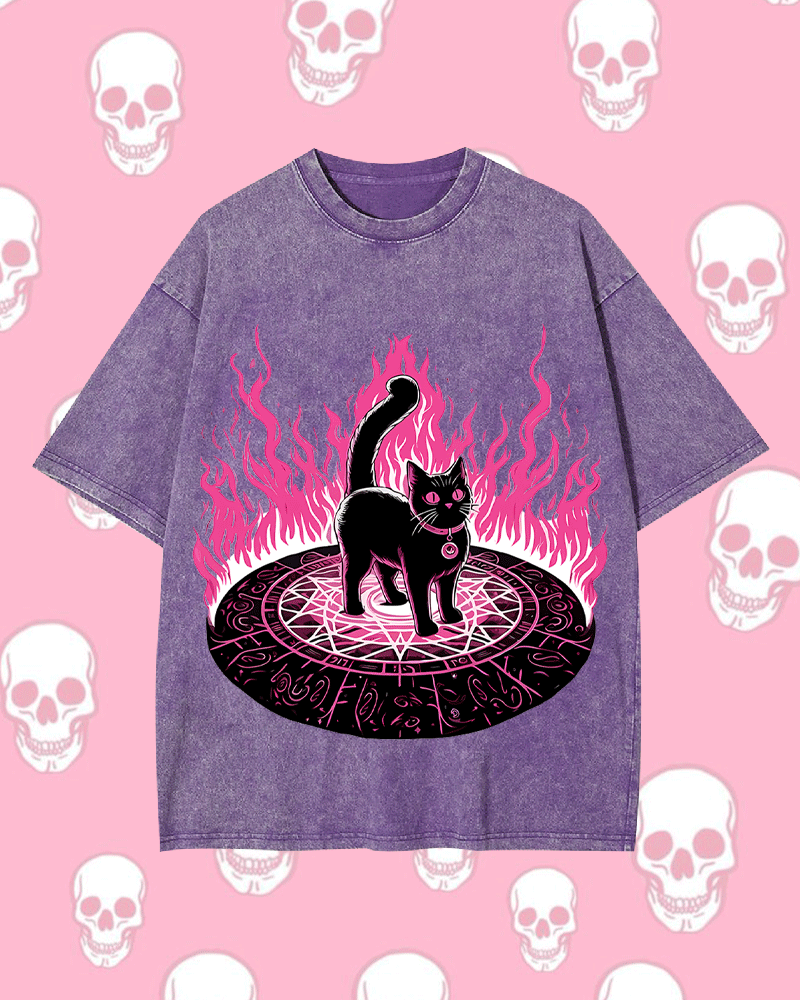 LACK CAT IN MAGICAL FLAMES WASHED TSHIRT