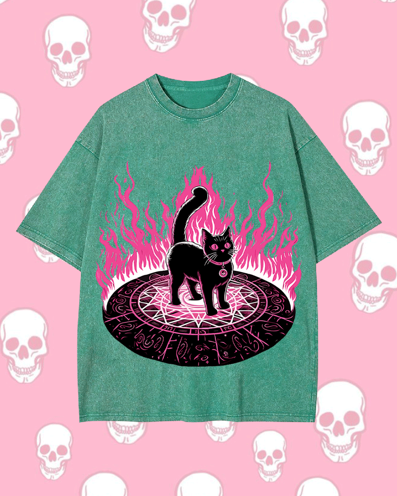 LACK CAT IN MAGICAL FLAMES WASHED TSHIRT