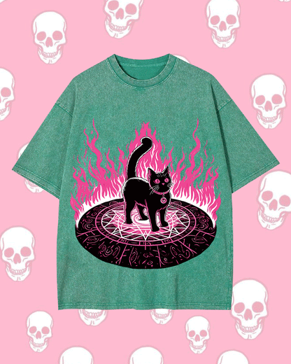 LACK CAT IN MAGICAL FLAMES WASHED TSHIRT