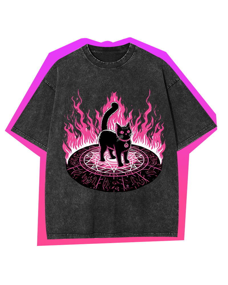 LACK CAT IN MAGICAL FLAMES WASHED TSHIRT