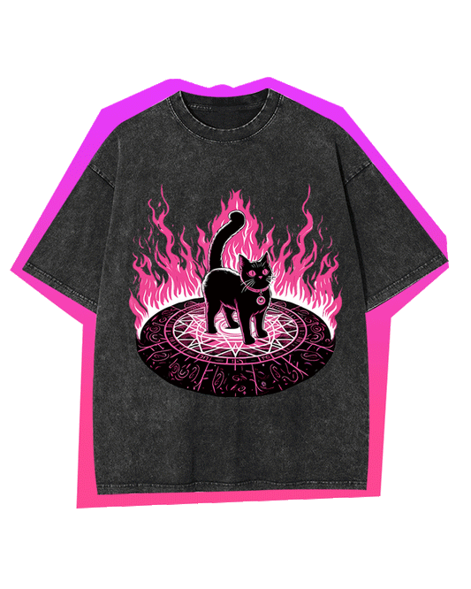 LACK CAT IN MAGICAL FLAMES WASHED TSHIRT